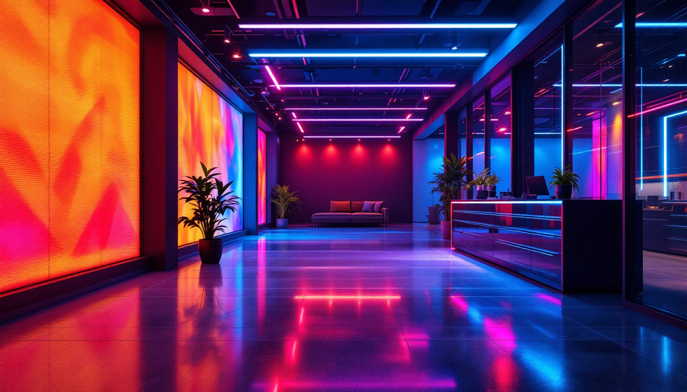 A photograph of a modern commercial space illuminated by vibrant led lights