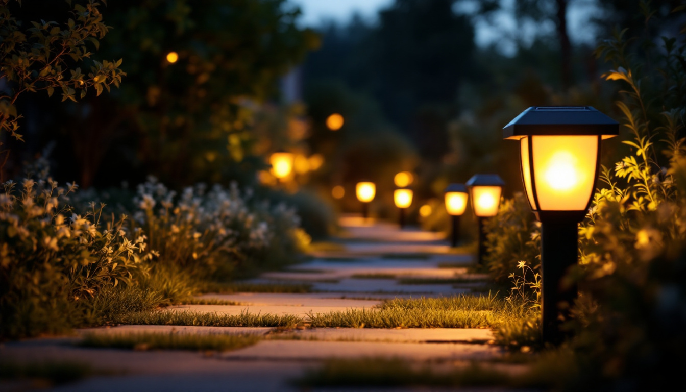 A photograph of a beautifully illuminated pathway lined with stylish solar outdoor lights at dusk
