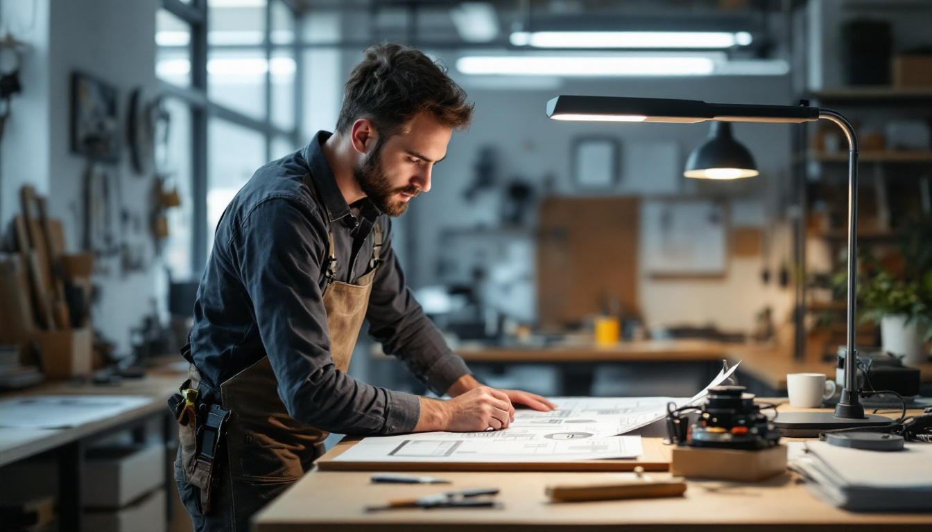 A photograph of a well-lit workspace featuring an electrical engineer examining an 8-foot led lamp prototype