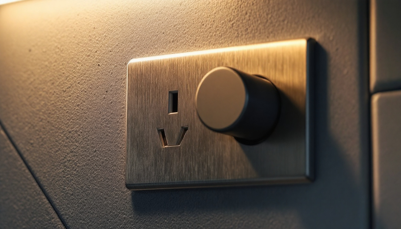 A photograph of a close-up of a modern plug receptacle integrated into a stylish lighting fixture