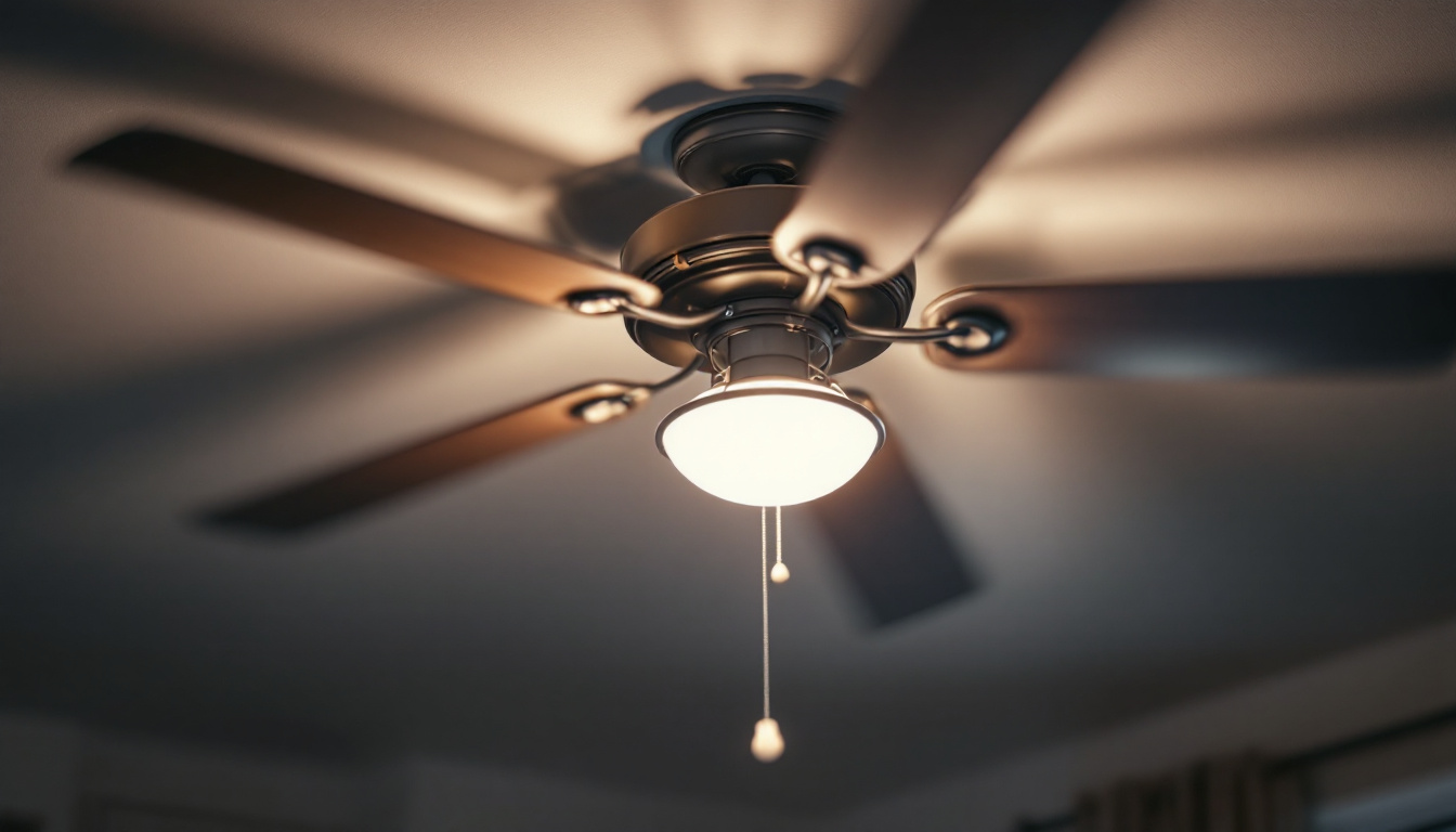 A photograph of a well-lit ceiling fan showcasing its various replacement parts