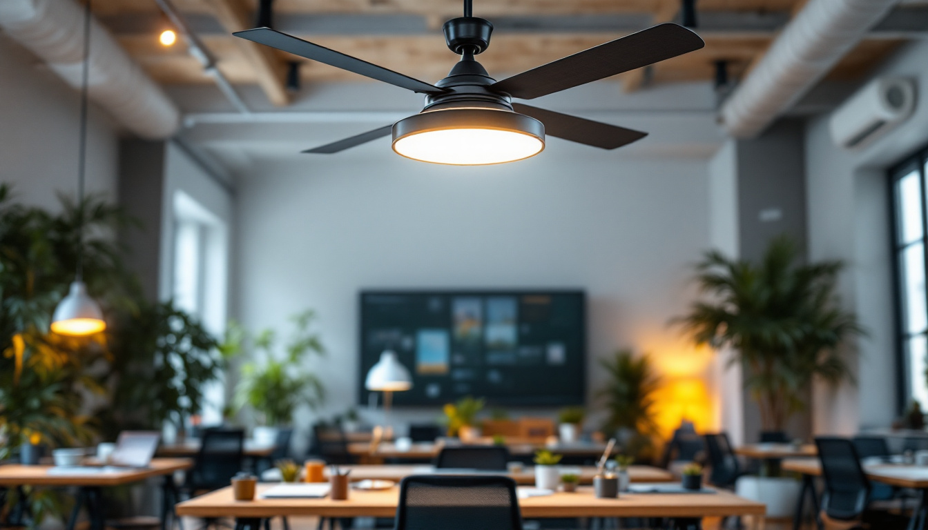 A photograph of a stylish industrial ceiling fan with integrated lighting in a spacious
