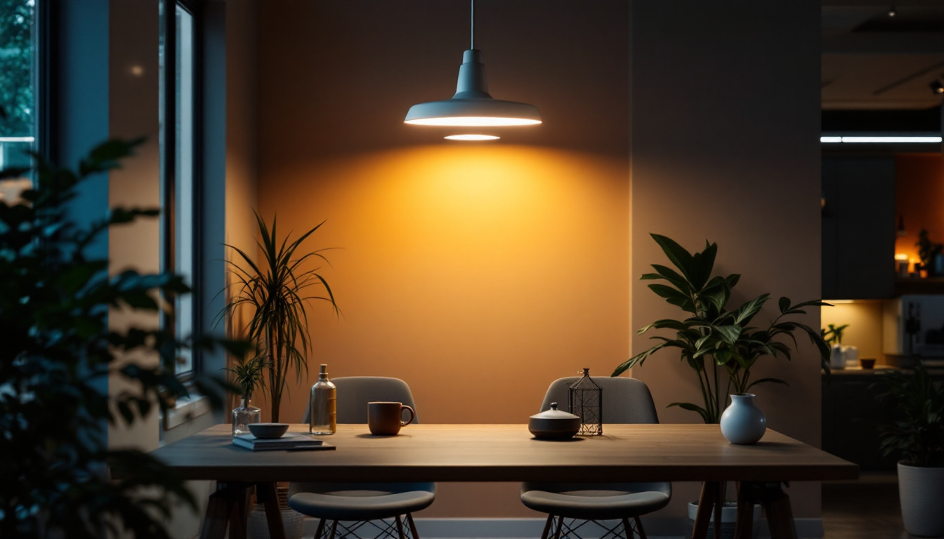 A photograph of a modern office space illuminated by a stylish led light fixture