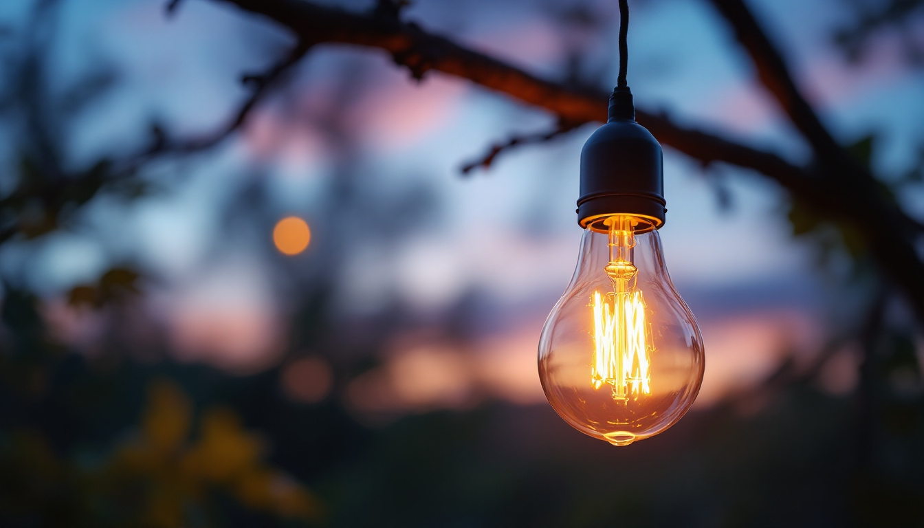 A photograph of a beautifully lit solar edison bulb hanging in a serene outdoor setting