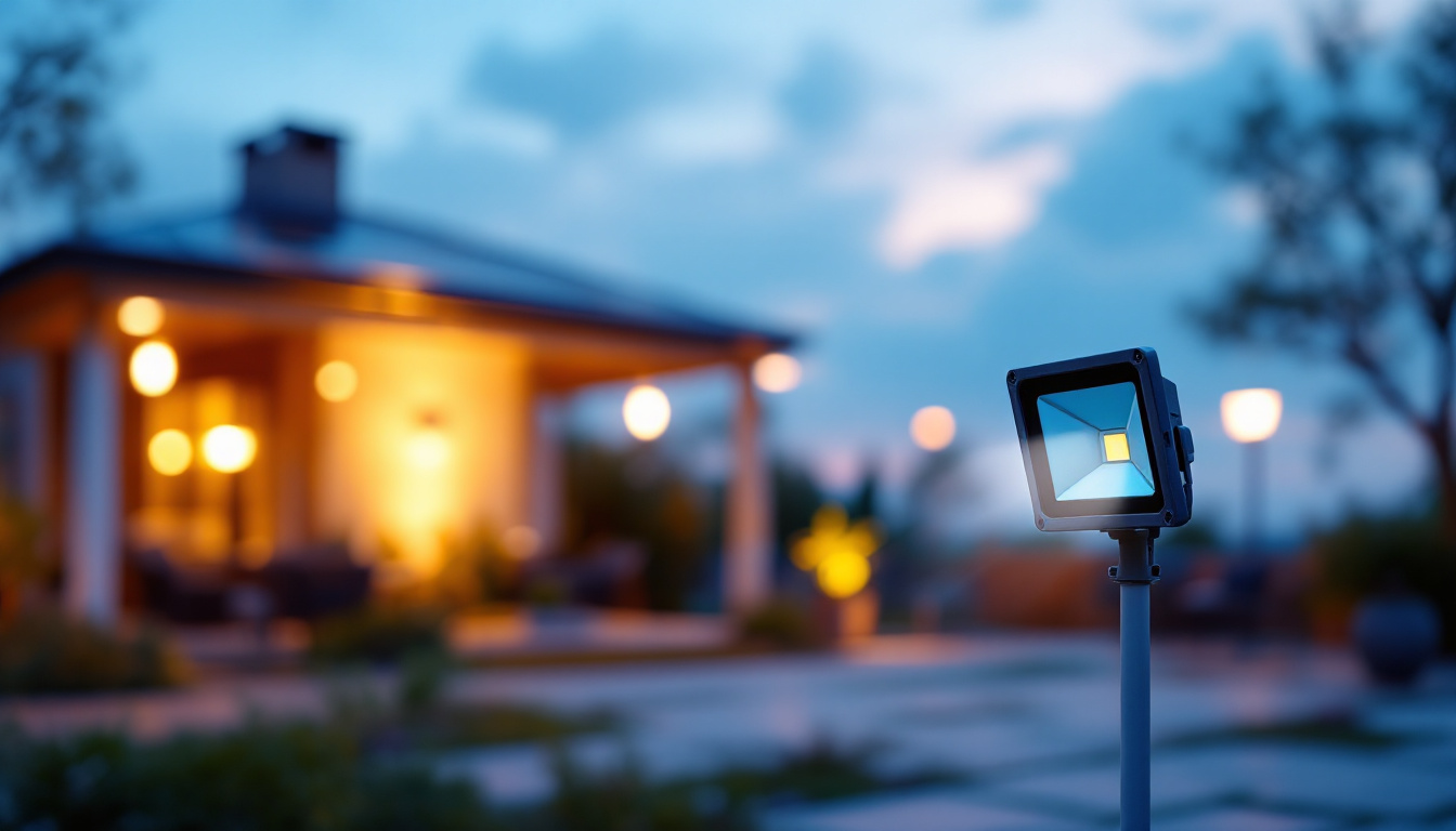A photograph of a solar power flood light illuminating a vibrant outdoor space at dusk