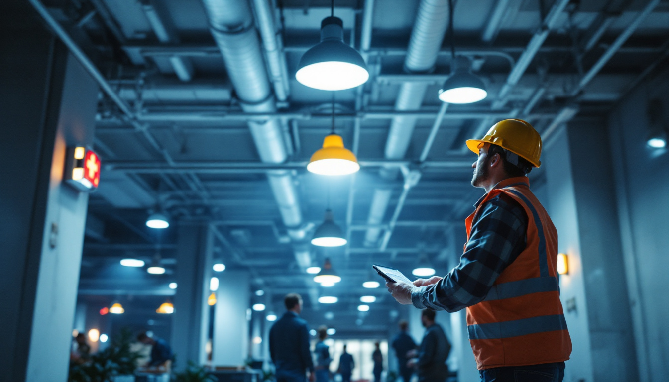 A photograph of a well-lit commercial space showcasing various emergency lights with battery backup in action