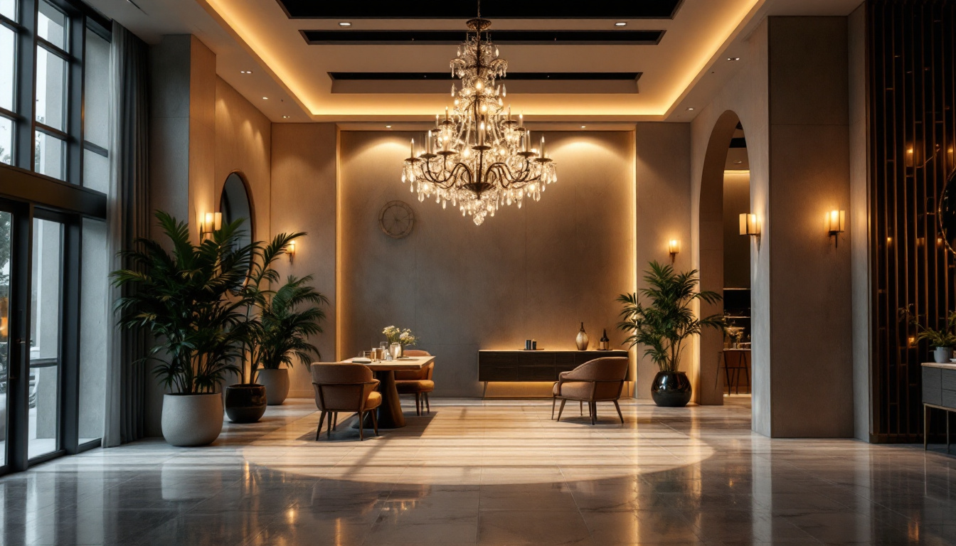 A photograph of a beautifully designed commercial space featuring an elegant chandelier as the focal point