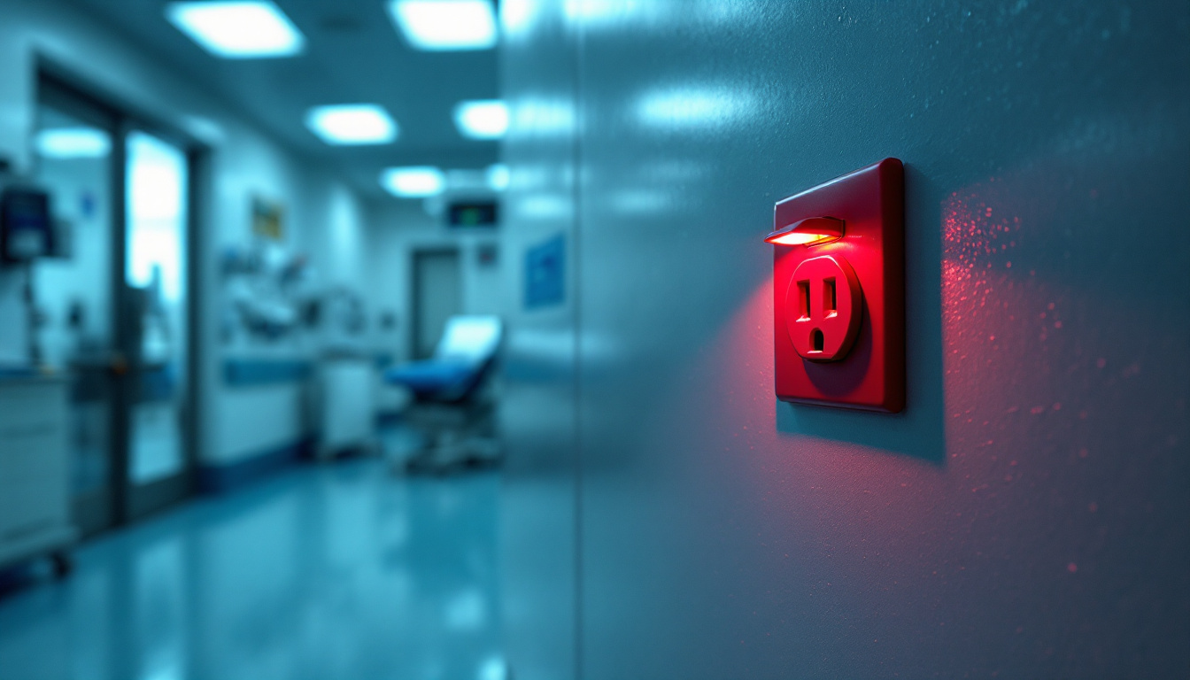 A photograph of a red outlet in a hospital setting