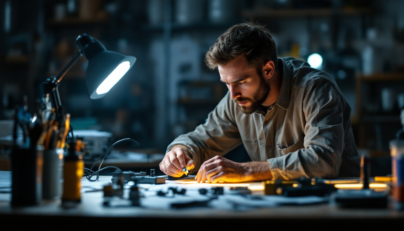 A photograph of a skilled electrical engineer working intently on a portable lighting device