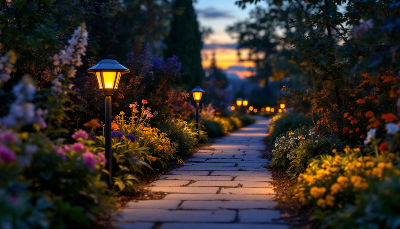 A photograph of a beautifully illuminated garden pathway at dusk