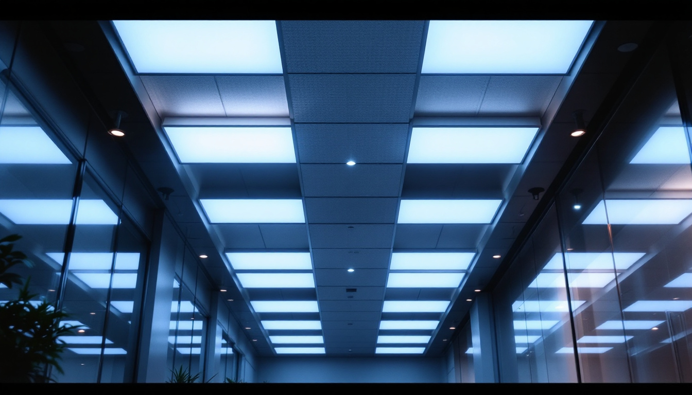 A photograph of a well-lit room featuring drop ceiling light panels