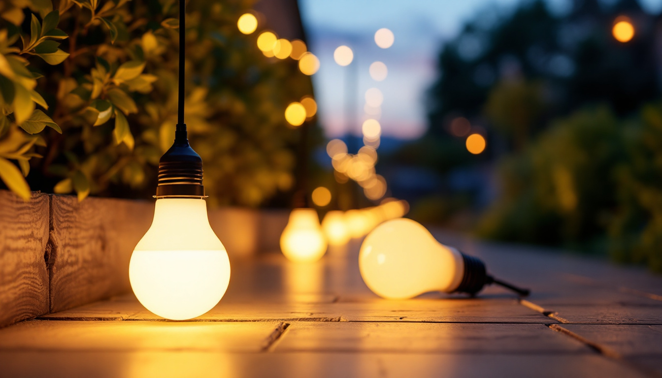 A photograph of a beautifully lit outdoor space featuring solar light bulbs in use