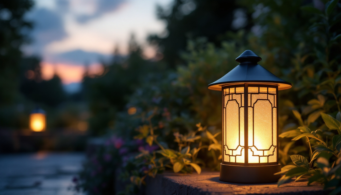 A photograph of a beautifully designed solar-powered outdoor lantern illuminated at dusk