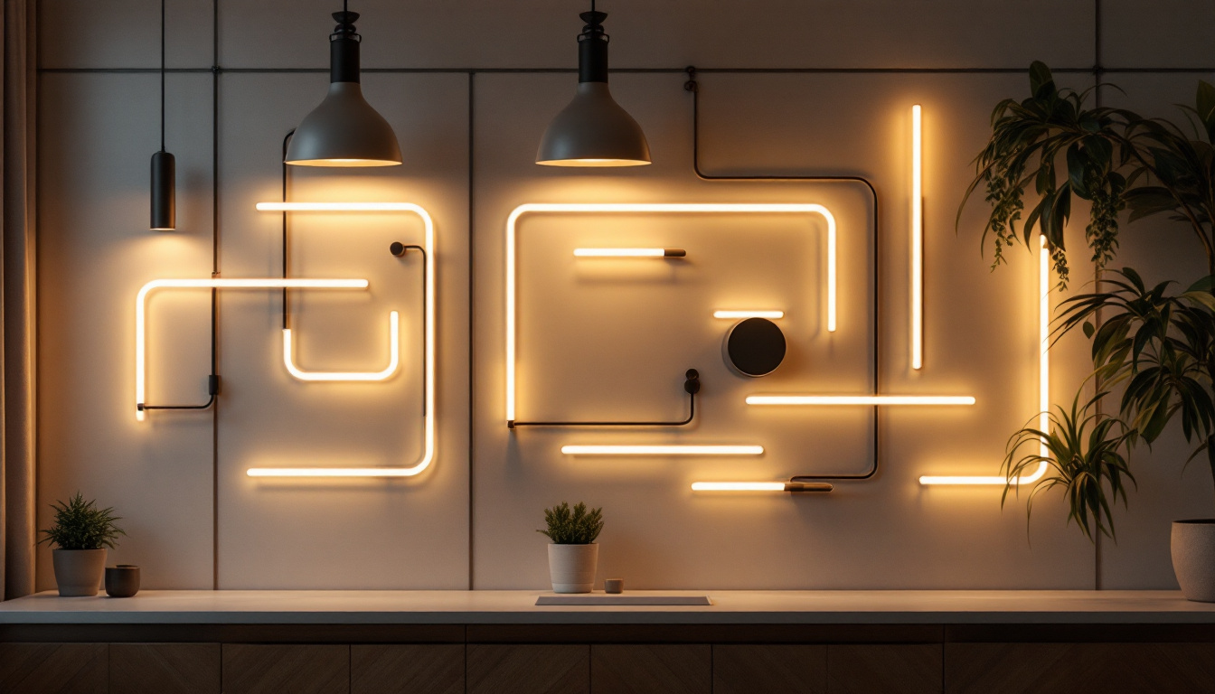 A photograph of a well-lit interior wall featuring a stylish arrangement of led lights