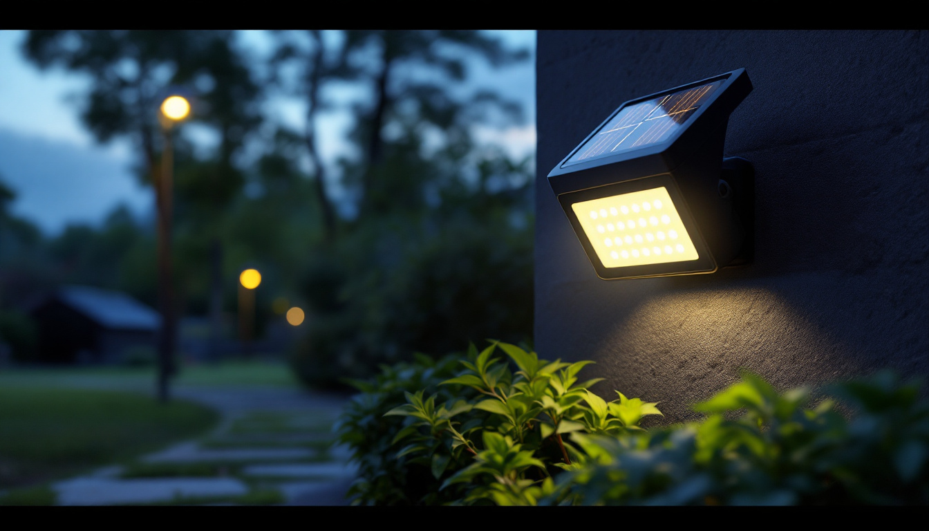 A photograph of a solar motion floodlight installed in an outdoor setting