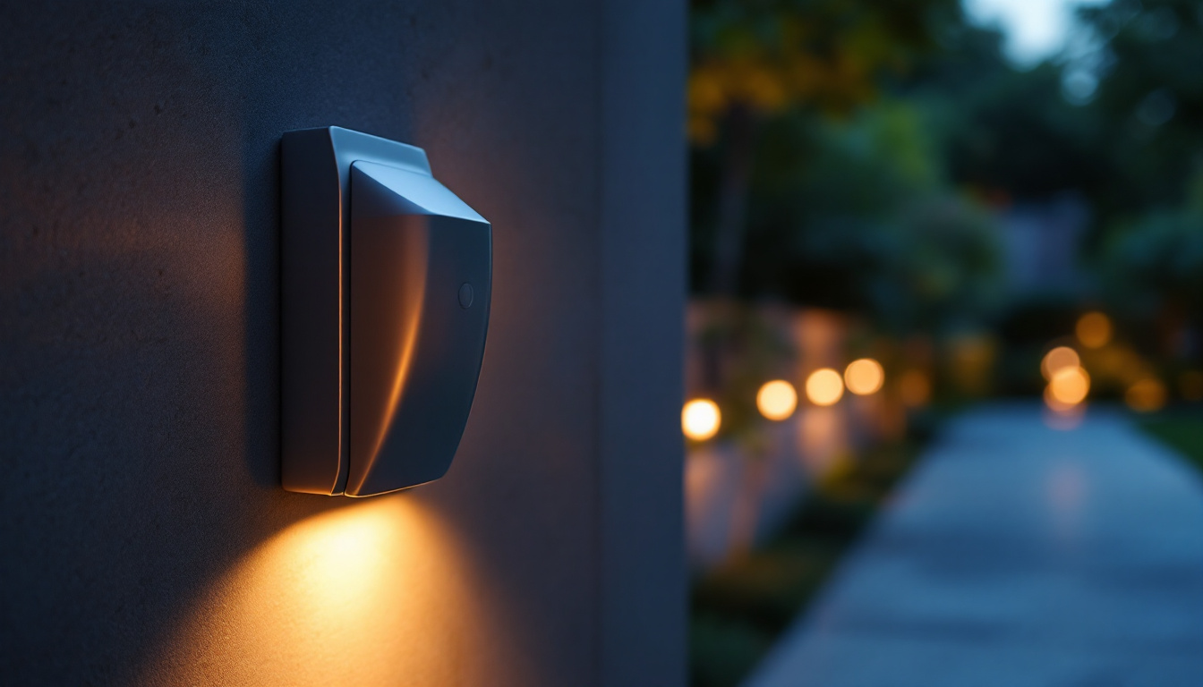 A photograph of an outdoor motion sensor switch installed in a well-lit garden or pathway at dusk