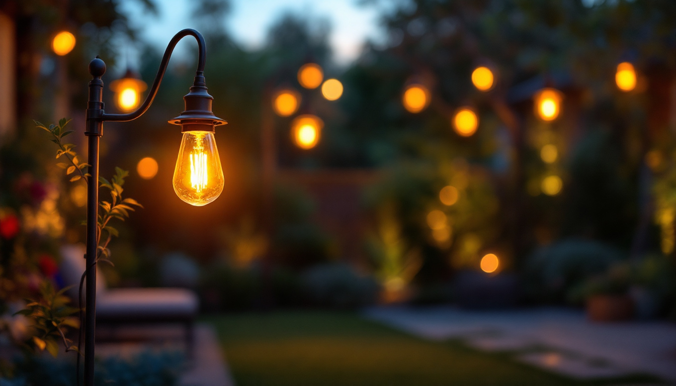 A photograph of a beautifully designed outdoor light fixture illuminating a serene garden or patio setting during twilight
