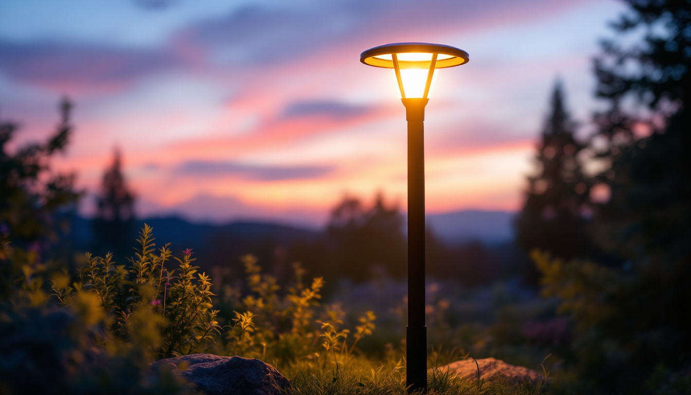 A photograph of a beautifully illuminated solar led lamp post in a serene outdoor setting during twilight
