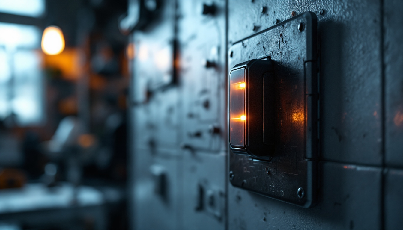 A photograph of a close-up shot of an industrial light switch in a well-lit environment