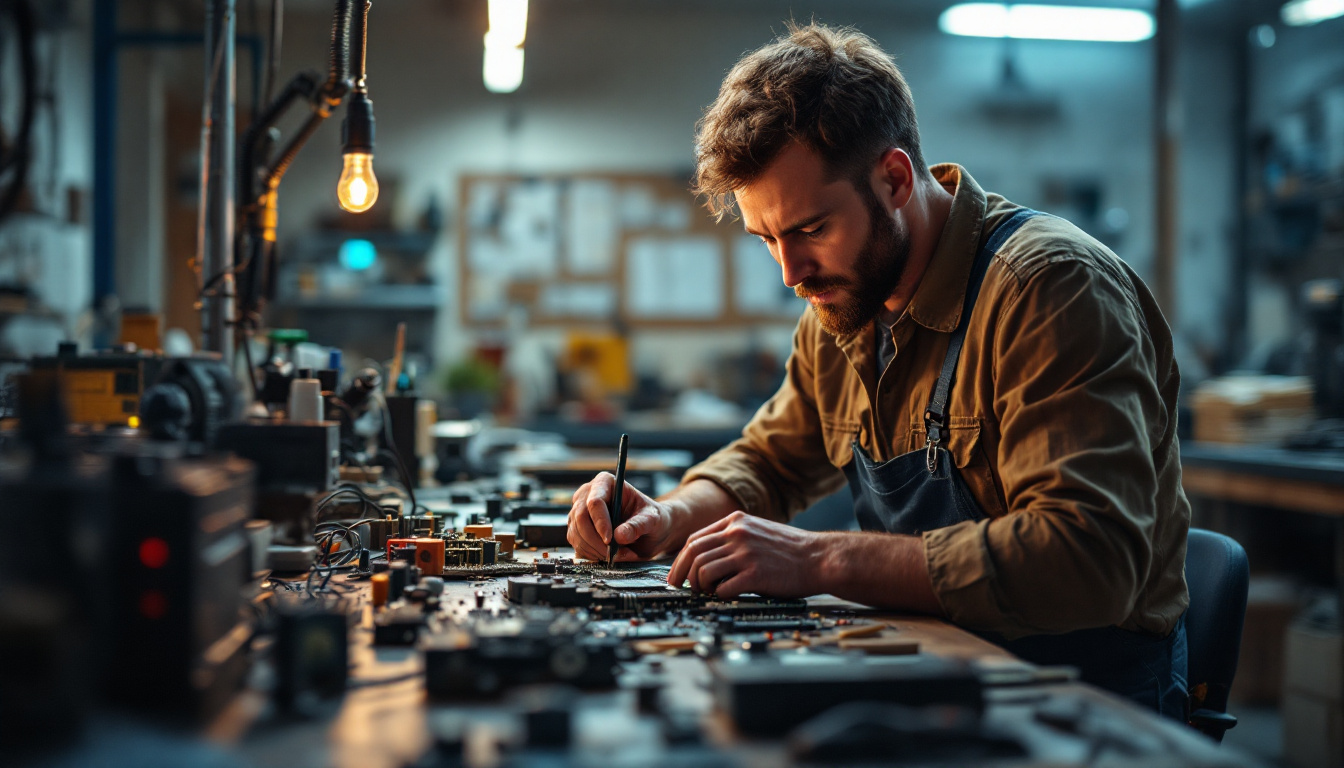 A photograph of a focused electrical engineer working on a complex circuit board in a well-lit workshop
