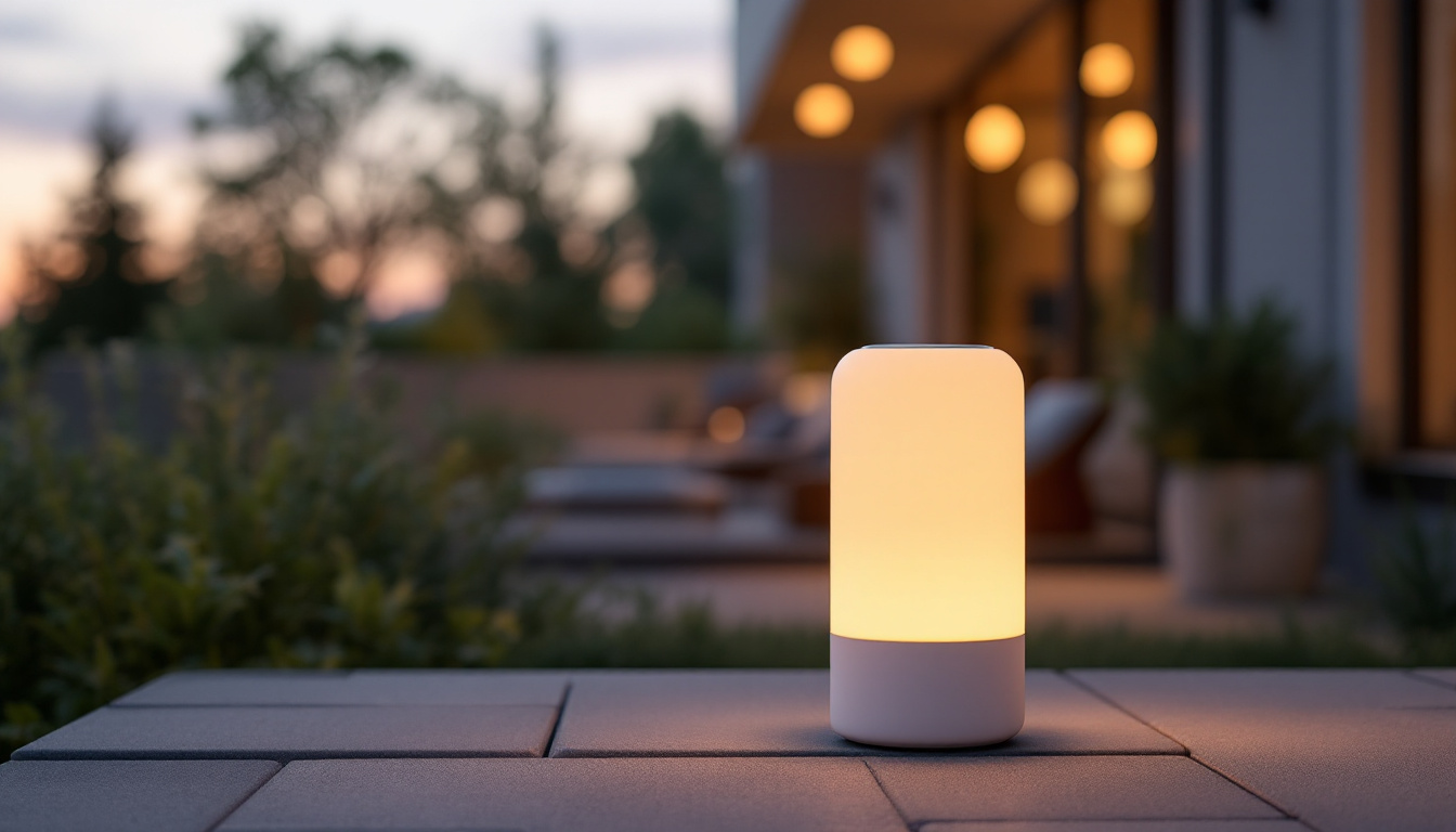 A photograph of the luci solar lamp in a modern outdoor setting during twilight