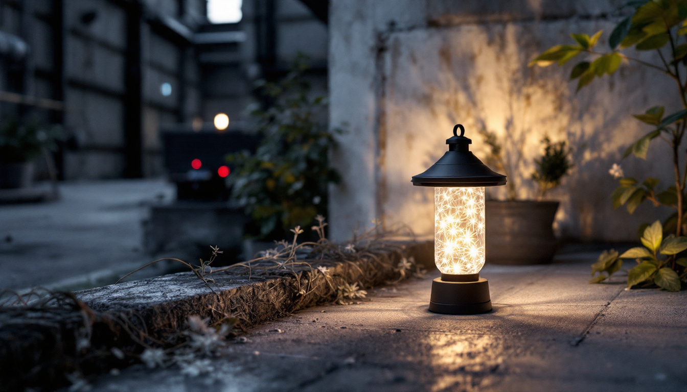 A photograph of a solar-powered outdoor lantern in an industrial setting