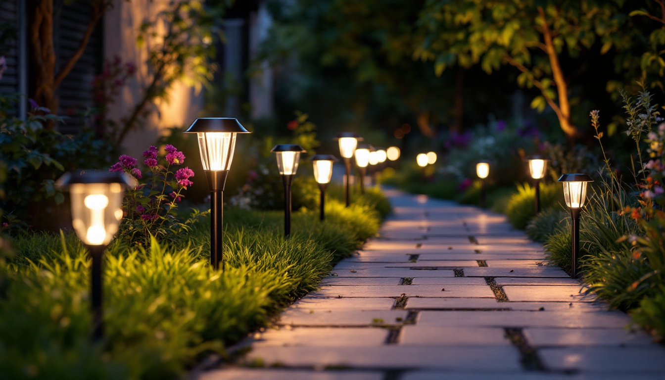 A photograph of a beautifully illuminated garden pathway featuring various styles of solar path lights