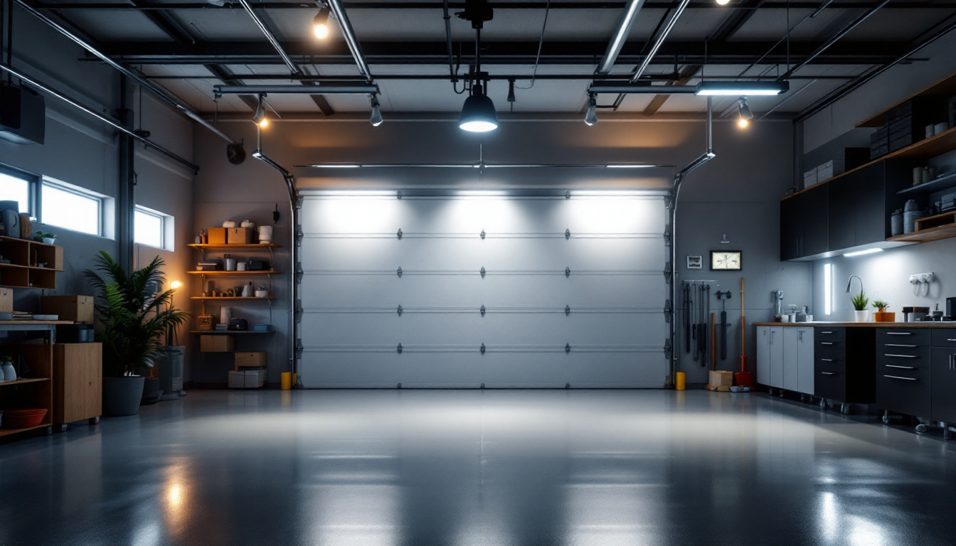 A photograph of a well-lit garage showcasing a variety of lighting options