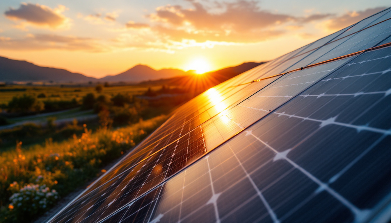 A photograph of a solar panel installation during golden hour