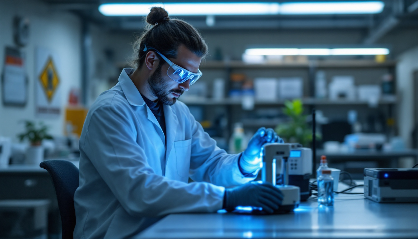 A photograph of a laboratory setting where an electrical engineer is using a uv light device to sanitize equipment