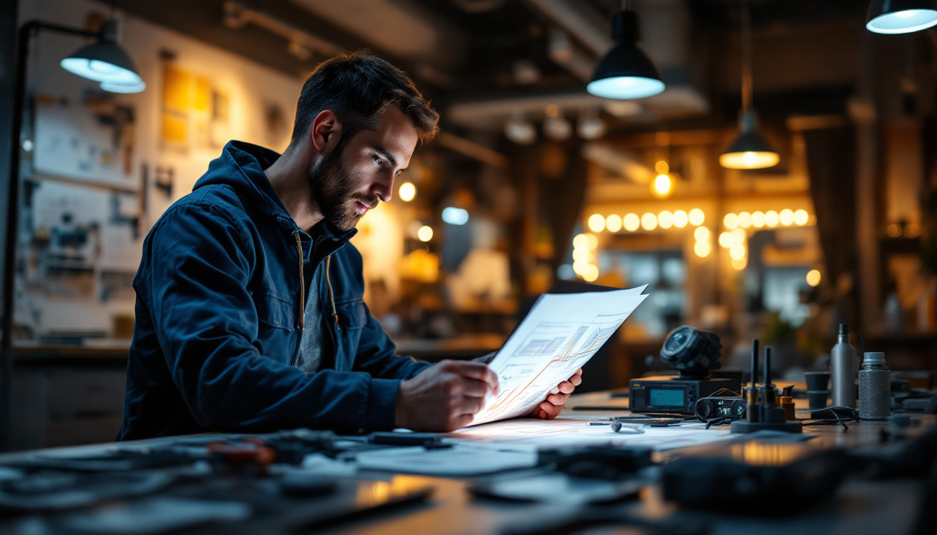 A photograph of a skilled electrical engineer analyzing a modern lighting system in a well-lit workspace