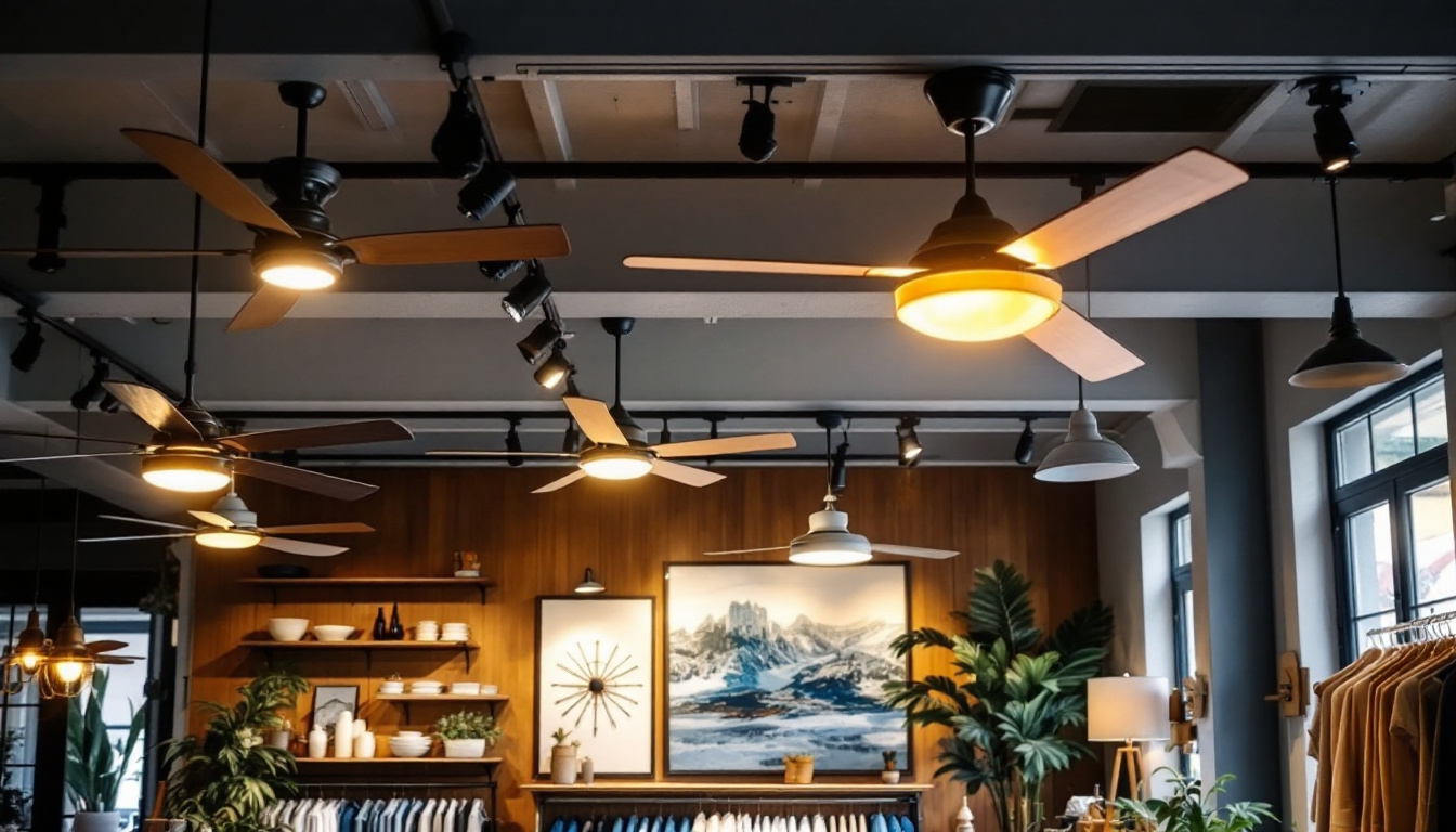 A photograph of a well-lit retail space showcasing a variety of stylish ceiling fans in action