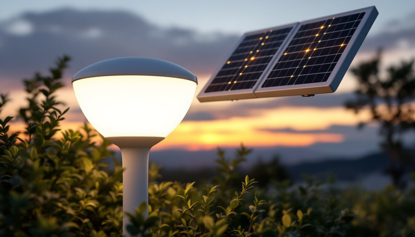 A photograph of a sleek white solar lamp illuminated in a serene outdoor setting