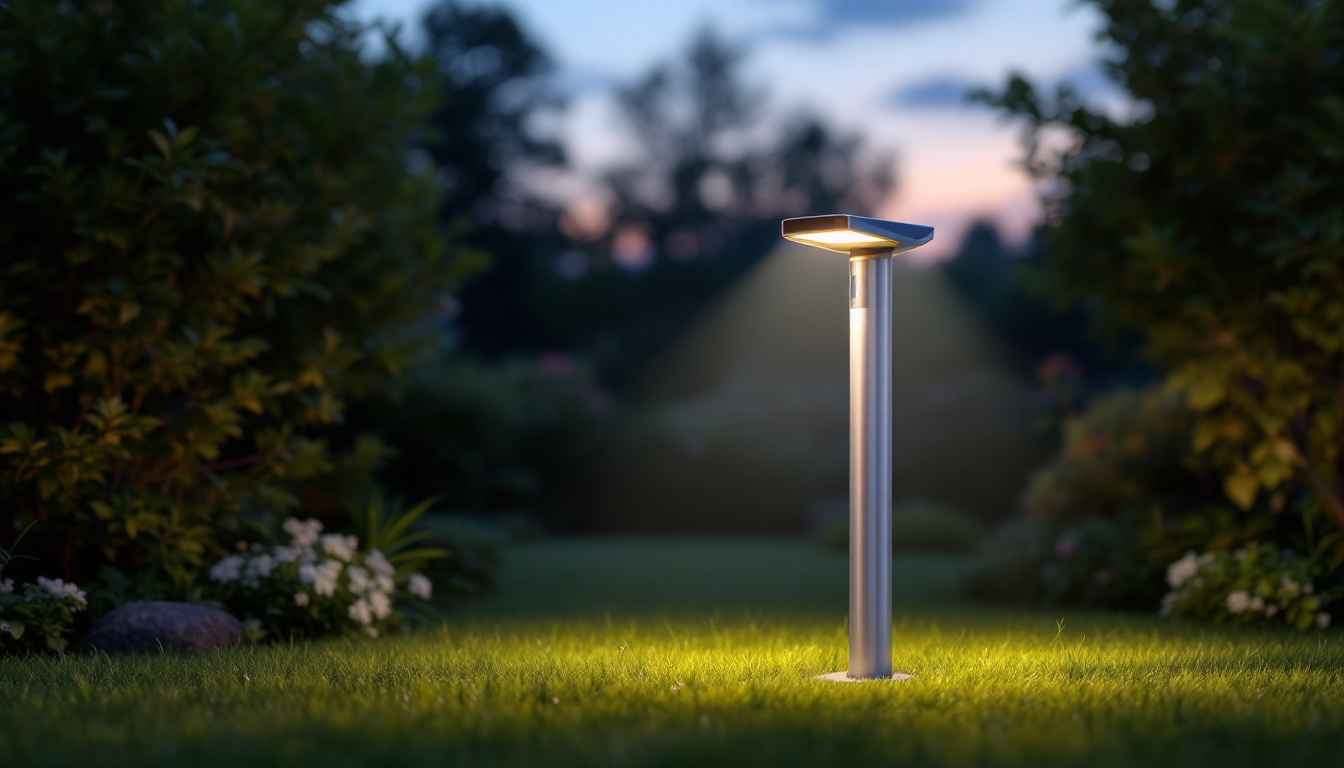 A photograph of a sleek solar-powered yard lamp post illuminated at dusk