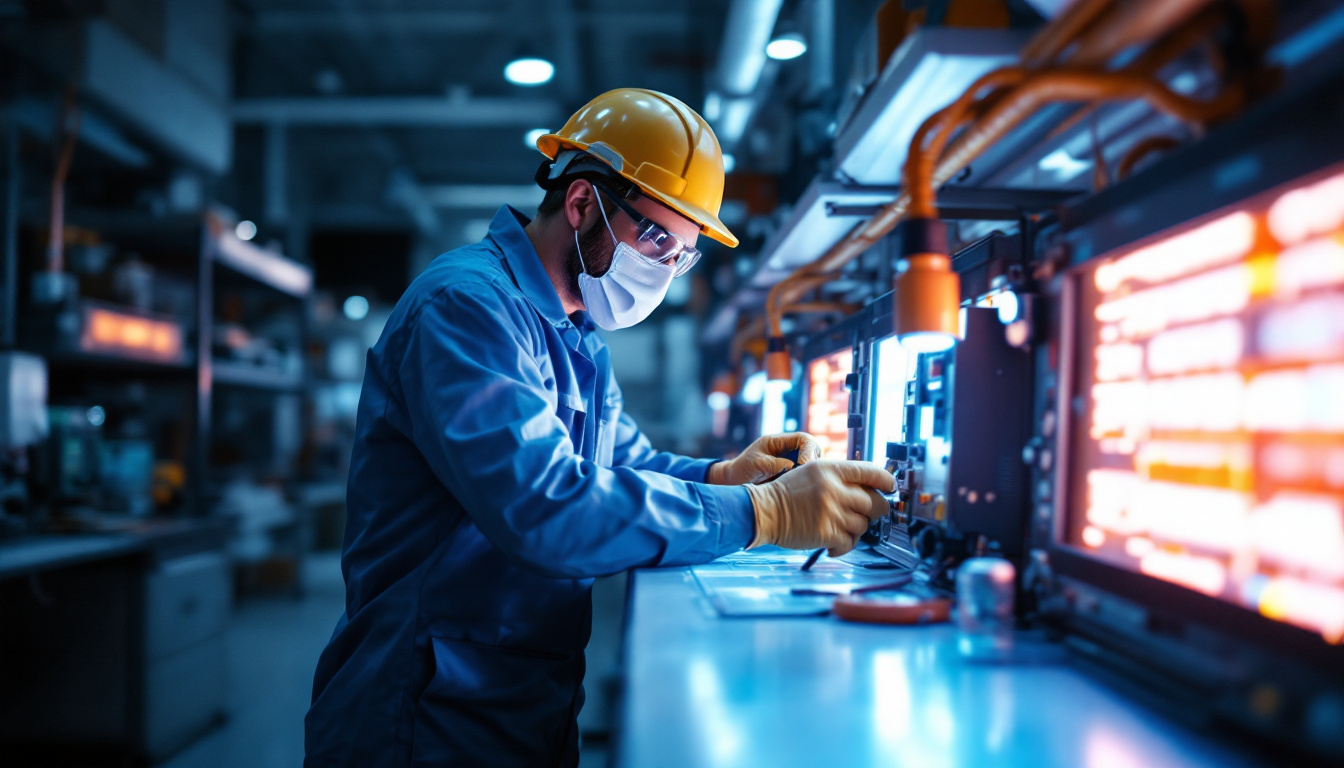 A photograph of a skilled electrical engineer working with uv lighting equipment in a well-lit lab setting