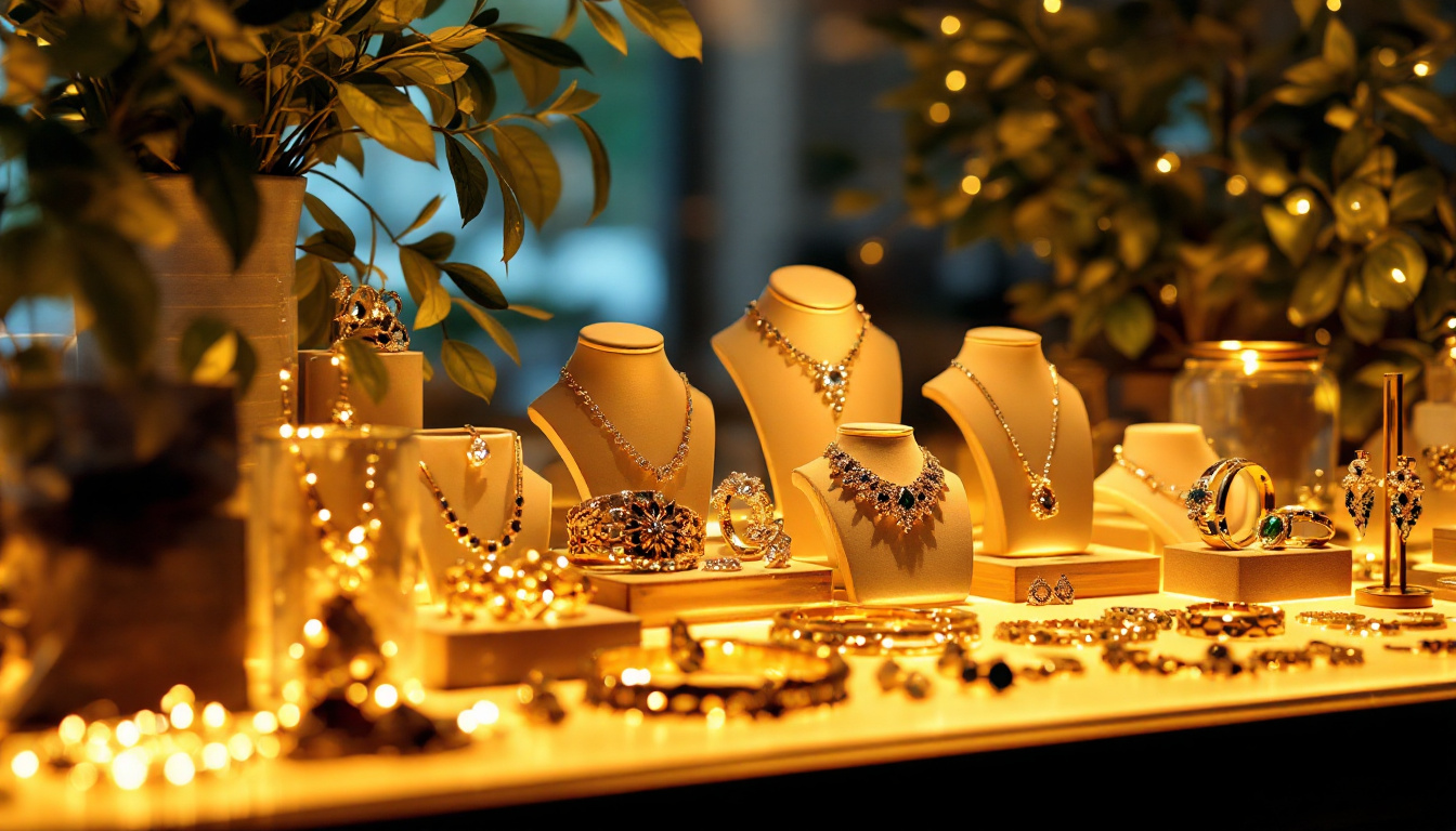 A photograph of a beautifully arranged display of various jewelry pieces illuminated by energy-efficient lighting