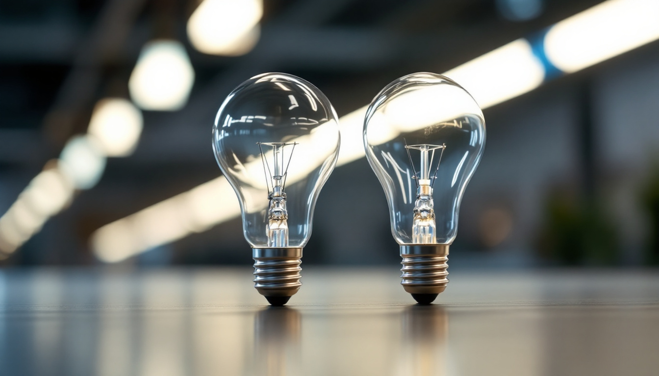 A photograph of a side-by-side comparison of t12 and t8 fluorescent bulbs