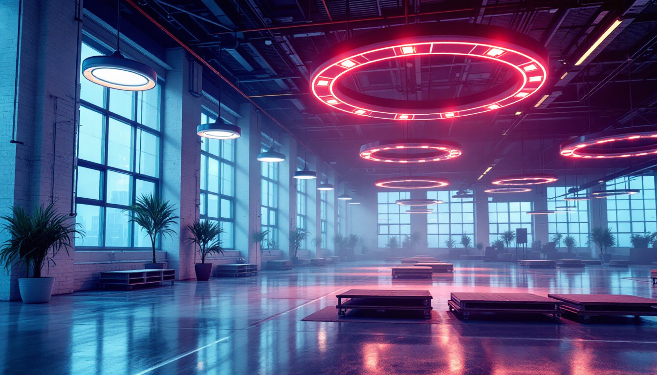 A photograph of a well-lit industrial space featuring high bay ufo lights in action
