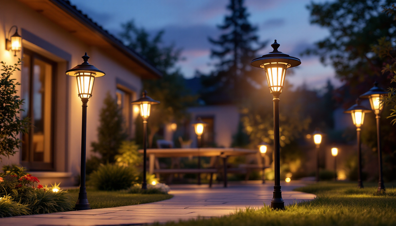 A photograph of a beautifully illuminated outdoor space featuring various styles of exterior solar lamps in action at dusk