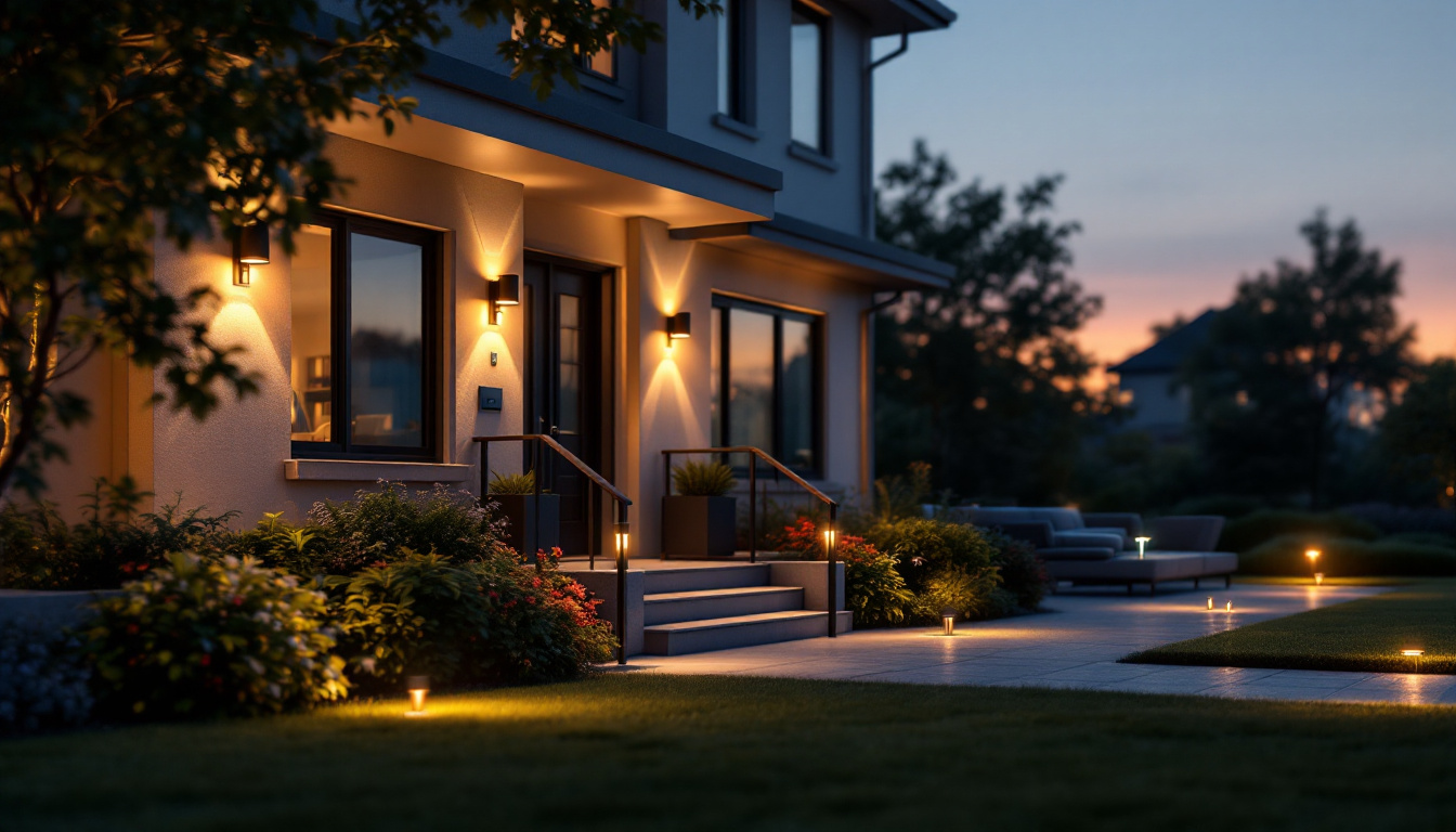 A photograph of a beautifully illuminated outdoor space featuring various styles of led house lights