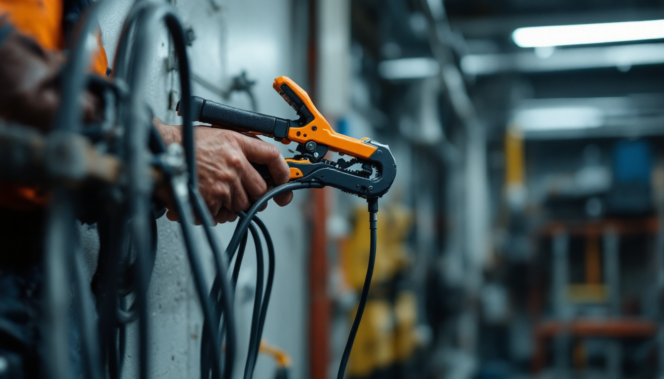 A photograph of a skilled electrician using a cable gripper to securely manage and organize multiple electrical cables in a dynamic work environment