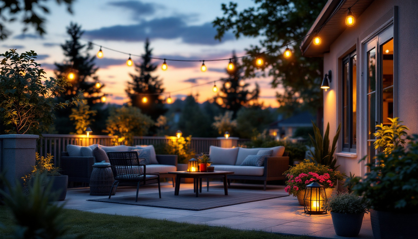 A photograph of a beautifully lit outdoor patio scene at dusk