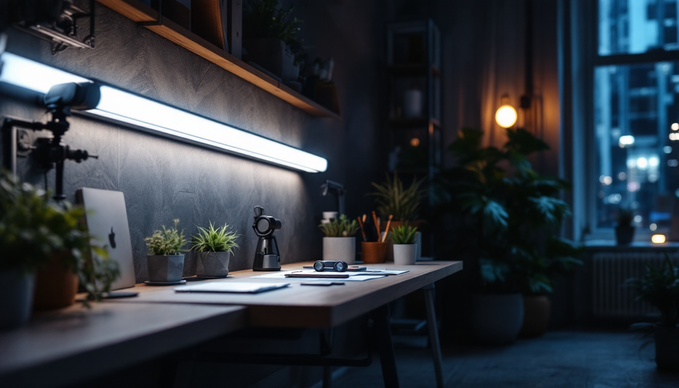 A photograph of a sleek 4 ft led worklight tube integrated into a modern workspace