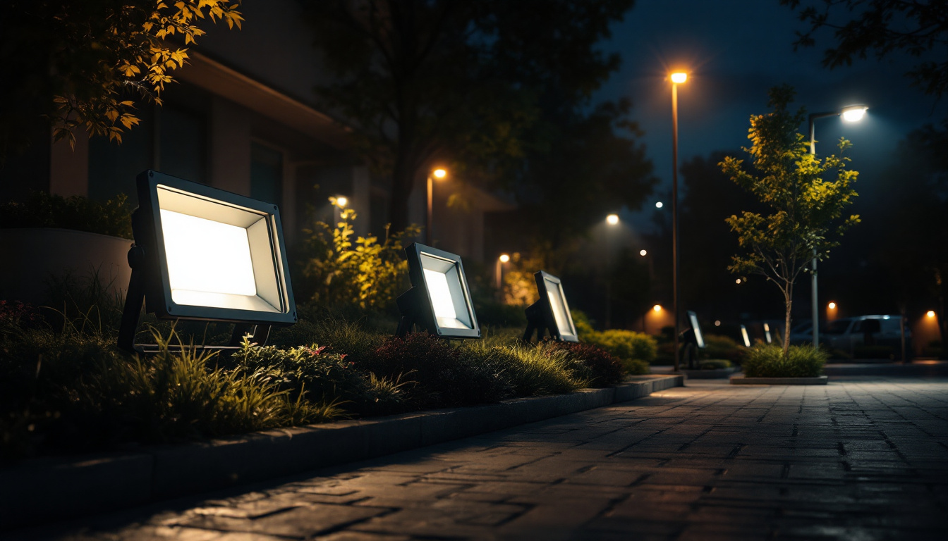 A photograph of a well-lit outdoor space featuring various types of flood lights in use