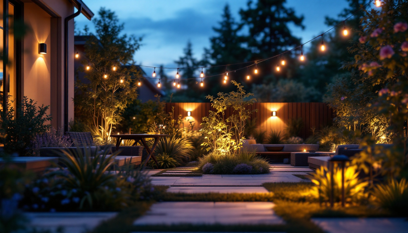 A photograph of a beautifully illuminated outdoor space featuring modern solar lights
