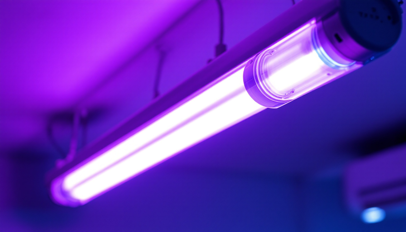 A photograph of a t-8 bulb installed in a well-lit fixture