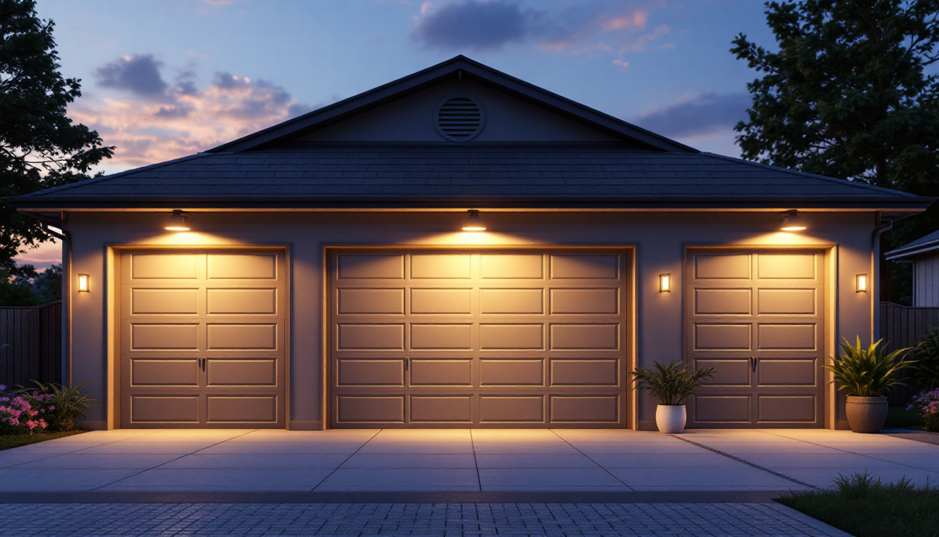 A photograph of a well-lit outdoor garage setting at dusk
