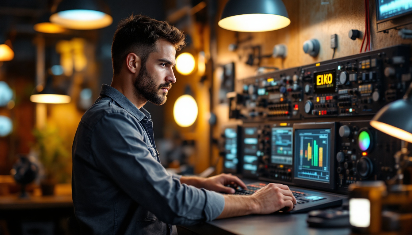 A photograph of a skilled electrical engineer examining a sophisticated lighting control panel