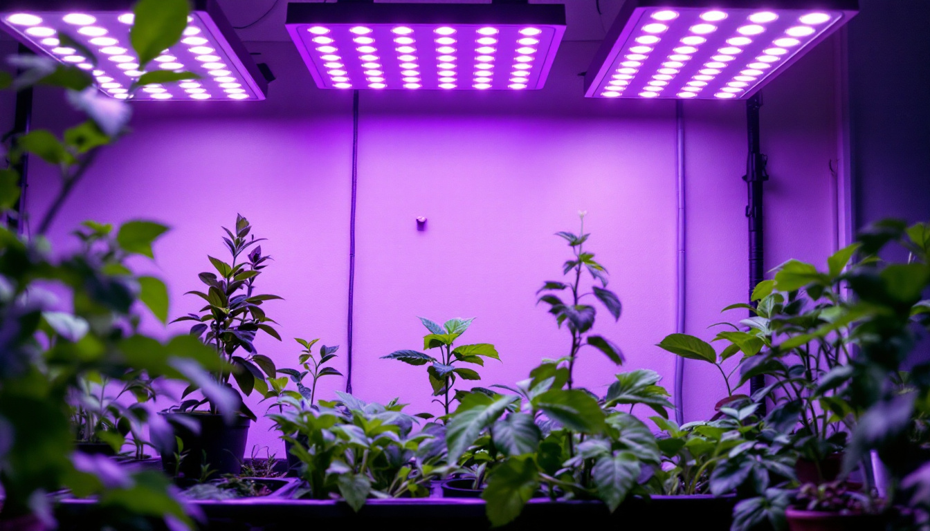 A photograph of a well-lit indoor gardening setup featuring various grow light fixtures in use