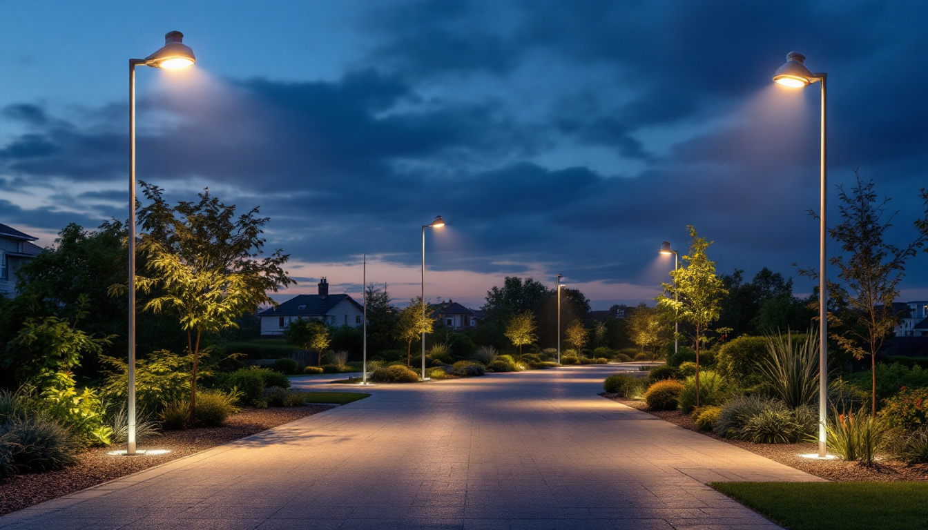 A photograph of a well-designed outdoor space illuminated by various flood lighting fixtures at dusk